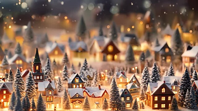 Miniature Christmas village houses and snowfall. Festive background. 