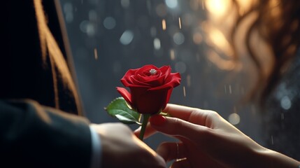 A young man proposed to his girlfriend with a ring and a rose.