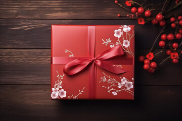 The gift box was packed and decorated with a bow on the wooden table. New Year gift. Valentine's Day gift. or birthday gift.