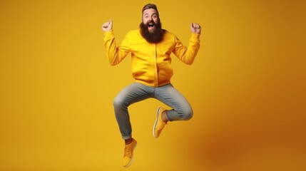 Against a yellow backdrop, a full-length portrait of a happy, bearded man leaping and giving the...