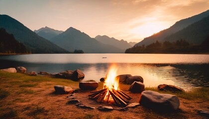 Awesome adventure time in the wilderness: Bonfire on the shore of beautiful lake in the mountains. view to steep peaks in sunset evening with golden light. ai generated. adventure and travel concept. - obrazy, fototapety, plakaty