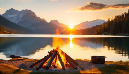 Awesome adventure time in the wilderness: Bonfire on the shore of beautiful lake in the mountains. view to steep peaks in sunset evening with golden light. ai generated. adventure and travel concept.