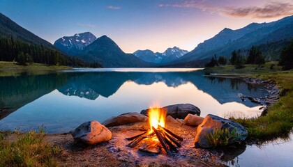 Awesome adventure time in the wilderness: Bonfire on the shore of beautiful lake in the mountains. view to steep peaks in sunset evening with golden light. ai generated. adventure and travel concept.