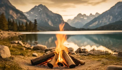 Foto op Canvas Awesome adventure time in the wilderness: Bonfire on the shore of beautiful lake in the mountains. view to steep peaks in sunset evening with golden light. ai generated. adventure and travel concept. © grahof_photo