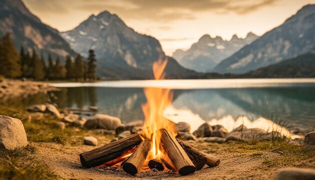 Awesome adventure time in the wilderness: Bonfire on the shore of beautiful lake in the mountains. view to steep peaks in sunset evening with golden light. ai generated. adventure and travel concept.