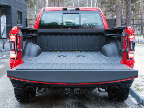 Novosibirsk, Russia -  November 10  , 2023:     Dodge Ram Trx,  car big trunk open view.