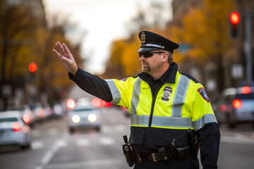 Male police officer directing traffic, trying to ease the congestion in a rush hour - Powered by Adobe