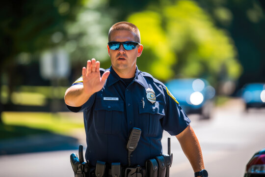 Male police officer directing traffic, trying to ease the congestion in a rush hour