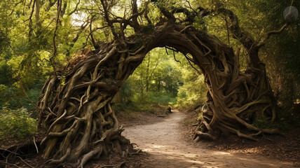 tree archway shaped by branches in the forest