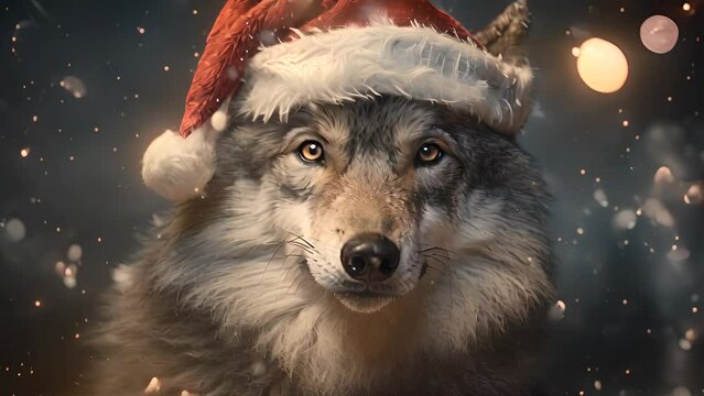 Christmas and New Year holidays concept. Cute wolf in Santa Claus red hat.