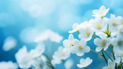 Spring forest white flowers primroses on a beautiful light blue sky - obrazy, fototapety, plakaty