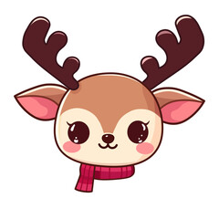 cute Reindeer head with scarf. Christmas cartoon vector illustration.	