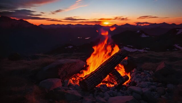 Campfire at sunset, Horizontal video