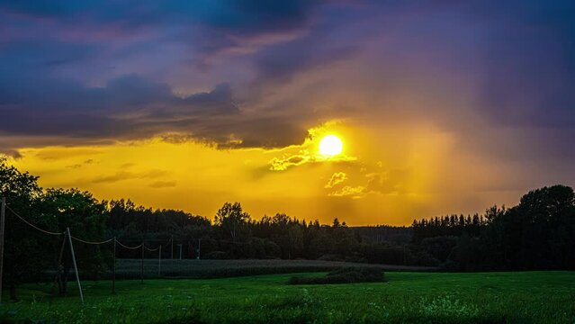 Golden light from sun streams below passing grey clouds of showers, orange light across forest meadow