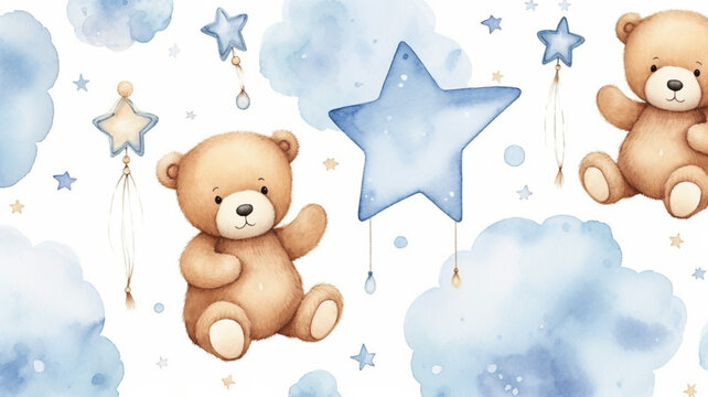 Seamless pattern with teddy bears on clouds moon