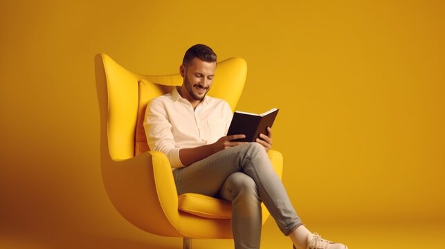 Full-length image of a perceptive, happy man wearing jeans and an armchair, reading news on a tablet against a yellow background