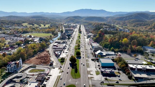 Aerial Descent into Pigeon Forge Tennessee Traffic