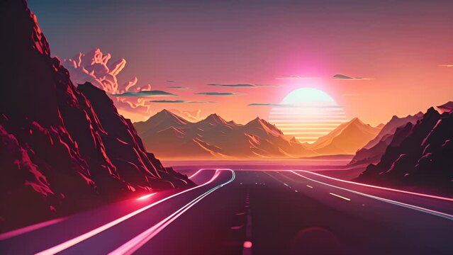 Trendy neon synth wave background with sunset sky, road and mountains, retro abstract horizontal background. Retro wave scene. AI generative.