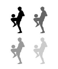 Silhouette of a football player juggling a ball with his knee, available in 4 different shadow gradations, isolated on a white background.