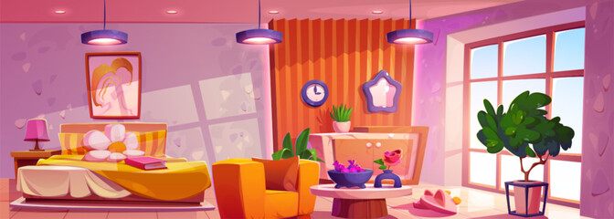 Girly bedroom interior with furniture and large window. Vector cartoon illustration of pink and orange groovy room with large bed, armchair, vase and sweets on table, picture on wall, retro design