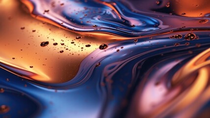The close up of a glossy liquid surface abstract in navy blue, golden yellow, and deep red colors with a soft focus. 3D illustration of exuberant. generative AI