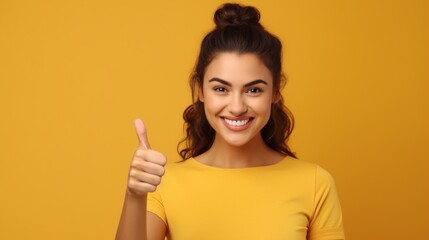 Picture of a contented, attractive young lady using a laptop while alone against a yellow backdrop and giving the thumbs up.
