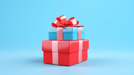 Obraz premium Picture of quirky, humorous girl looking like a copyspacer preparing a gift box for a friend's anniversary and wearing a pullover, isolated on a background of blue. /