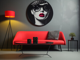 Sofa against a wall in a mixed style interior decoration composition.