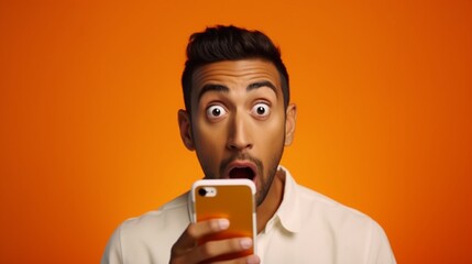Startled astonished Indian man in white t-shirt stands on a desolate orange background, gesticulates at a mock-up white smartphone screen, and looks shockedly at the camera.