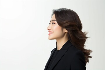横顔の日本人の女性ビジネスマンのポートレート写真（白背景・サラリーマン・スーツ・若手・新人・新入社員） - obrazy, fototapety, plakaty