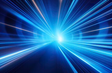 Data streaming channel, blue lights blurred in zoom effect, abstract digital background