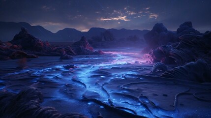 a body of water with rocks and a sunset