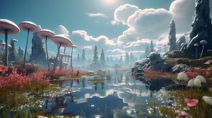 a pond with pink flowers and trees