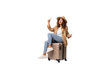 Tourist sitting on suitcase holding passport and hand pointing at photocopying area On a transparent studio background