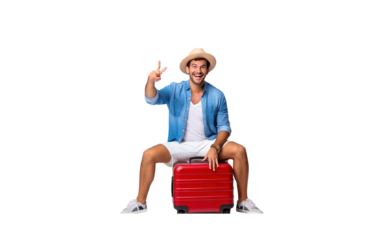 Tourist sitting on suitcase holding passport and hand pointing at photocopying area On a transparent studio background