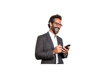Smiling bearded businessman using mobile phone, looking sideways, isolated on transparent background
