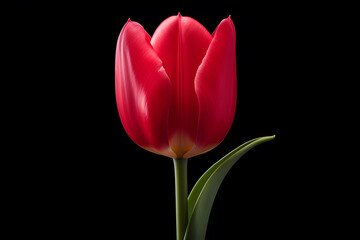 Flower head of single red tulip on black background