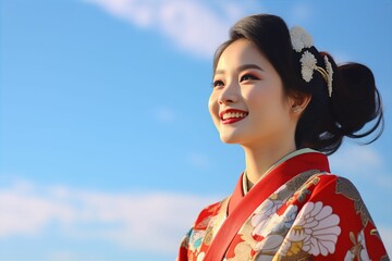 お祝い事で着物を着てる日本人女性（正月・新年・結婚式・成人式） - obrazy, fototapety, plakaty