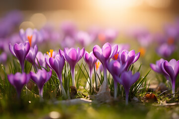 Bunch of purple crocus spring flowers blooming during early spring