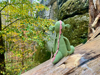Dinosaur toy and backpack in the forest. Switzerland Bohemia