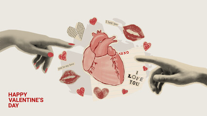 Retro collage for Valentine's Day. Vector illustration with halftone hands pointing fingers to heart. Concept of vintage collage for Valentine's Day with cut out symbols and newspaper clipping.