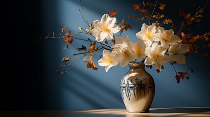 a vase with white flowers