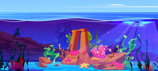 Underwater landscape with starfish and seaweeds. Vector cartoon illustration of seabed with pink coral reefs and rocky stones, sunlight penetrating water surface, blue sky horizon, deep ocean flora