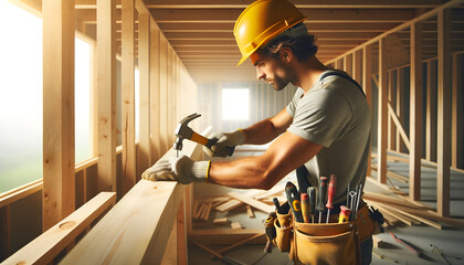 The scene captures the worker with a yellow hard hat, tool belt, and work gloves, mid-swing with a hammer towards a wooden structure, all under bright natural light