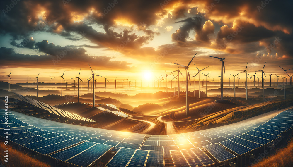 Poster as dawn unfolds over the renewable horizon solar arrays bask in the first light while wind turbines 