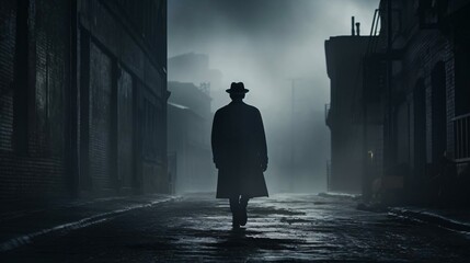 a person walking in a foggy alley between buildings