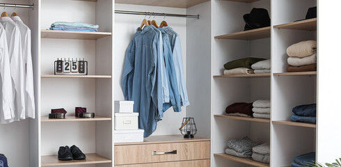 Wardrobe with clean clothes in dressing room