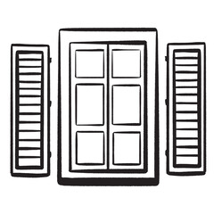 Ink hand-drawn vector. Italian window with open shutters. Wooden frame. Symbol of Italian homes in an old town. Open window symbolizing travel, countries, and new opportunities