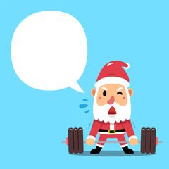 Cartoon character santa claus doing barbell weight training with speech bubble for design.