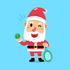 Cartoon character santa claus playing tennis for design.